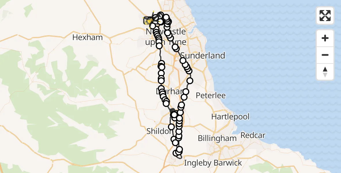 Flight path map showing Police Helicopter route from Newcastle International Airport to Newcastle International Airport