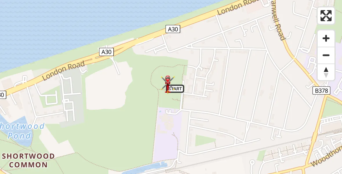 Flight path map showing Air Ambulance Helicopter route from Ashford to Ashford