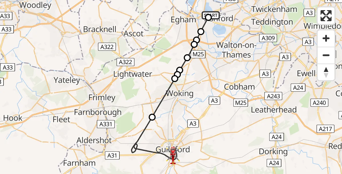 Flight path map showing Air Ambulance Helicopter route from Ashford to Guildford
