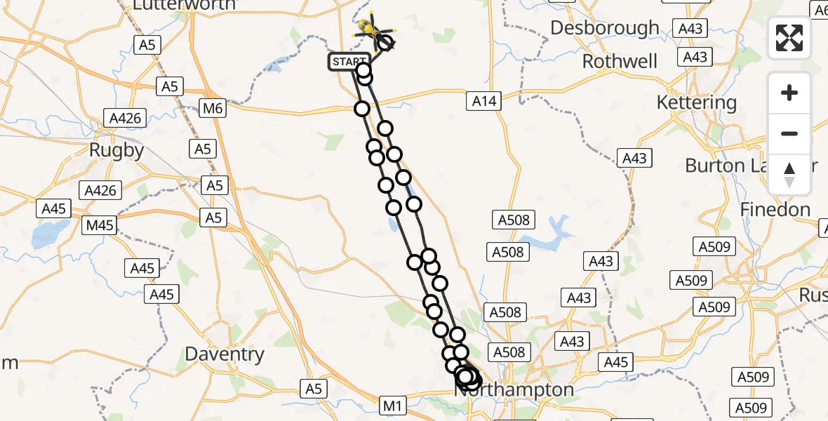 Flight path map showing Police Helicopter route from Welford to Sibbertoft