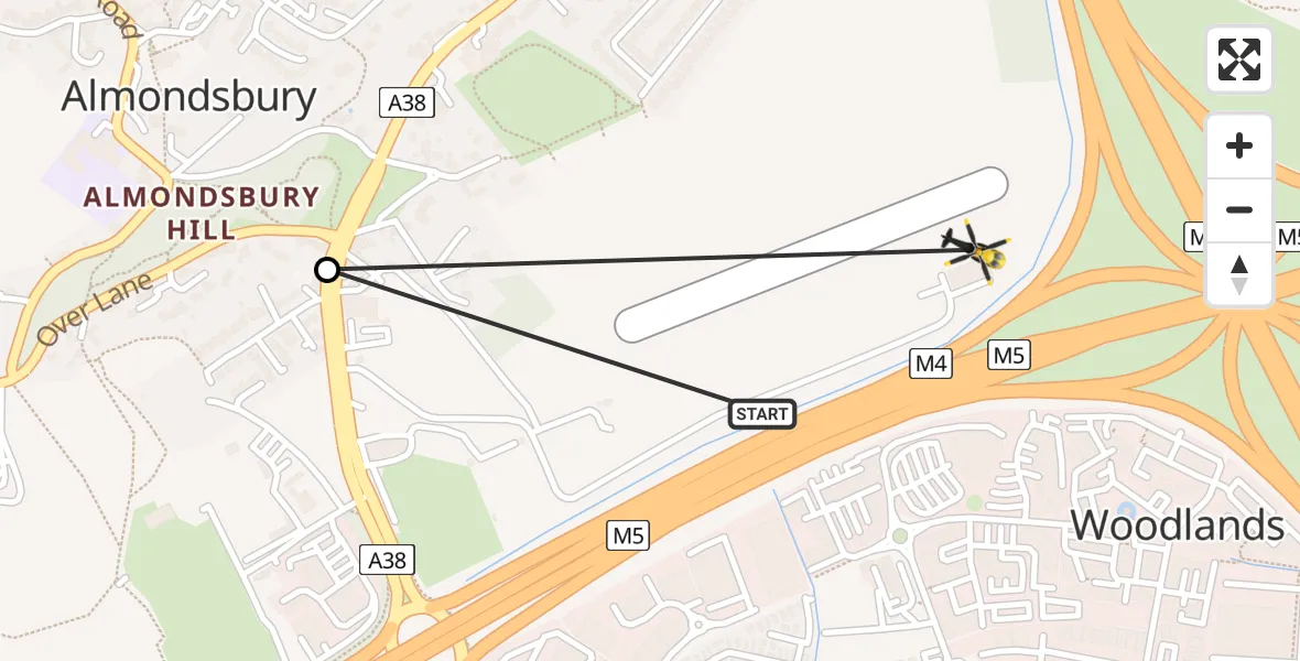Flight path map showing Police Helicopter route from Almondsbury Helicopter Base to Almondsbury Helicopter Base