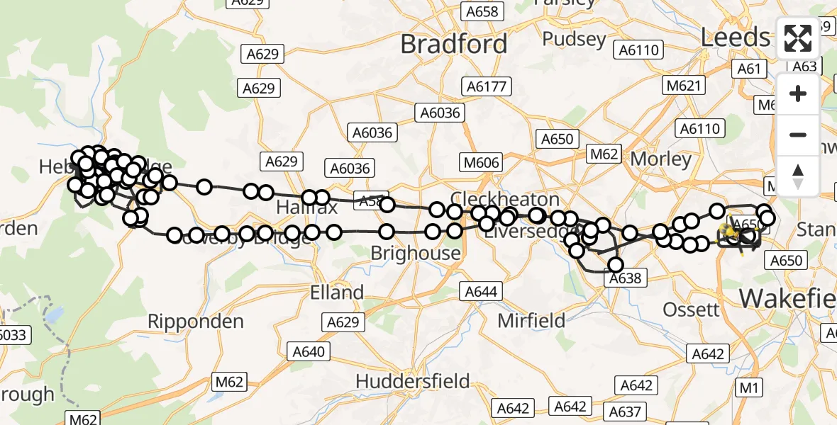 Flight path map showing Police Helicopter route from East Ardsley to East Ardsley
