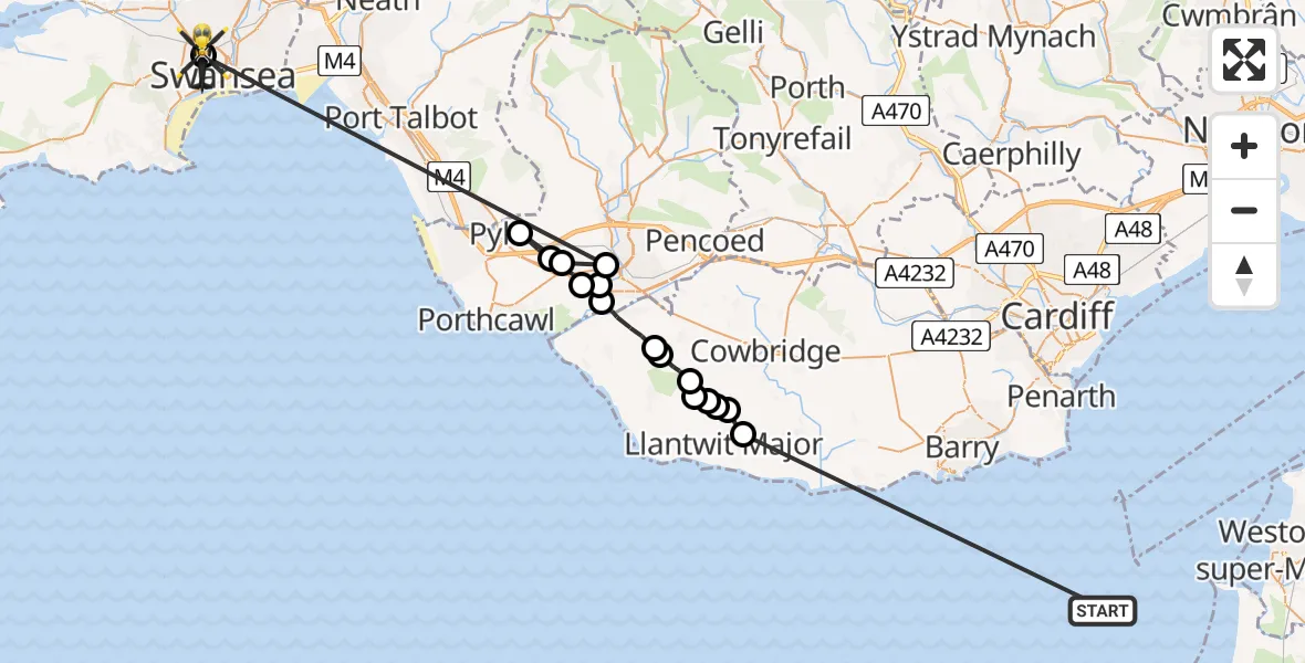 Flight path map showing Police Helicopter route from Bristol Channel to Mayhill