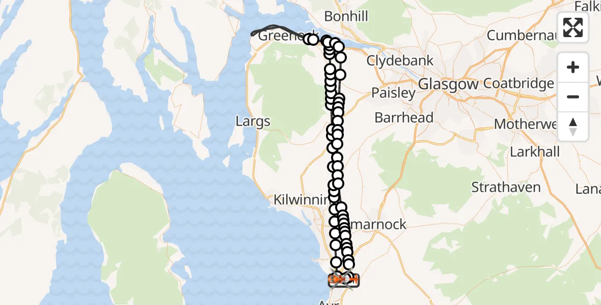 Flight path map showing Coastguard Helicopter route from Glasgow Prestwick Airport to Glasgow Prestwick Airport