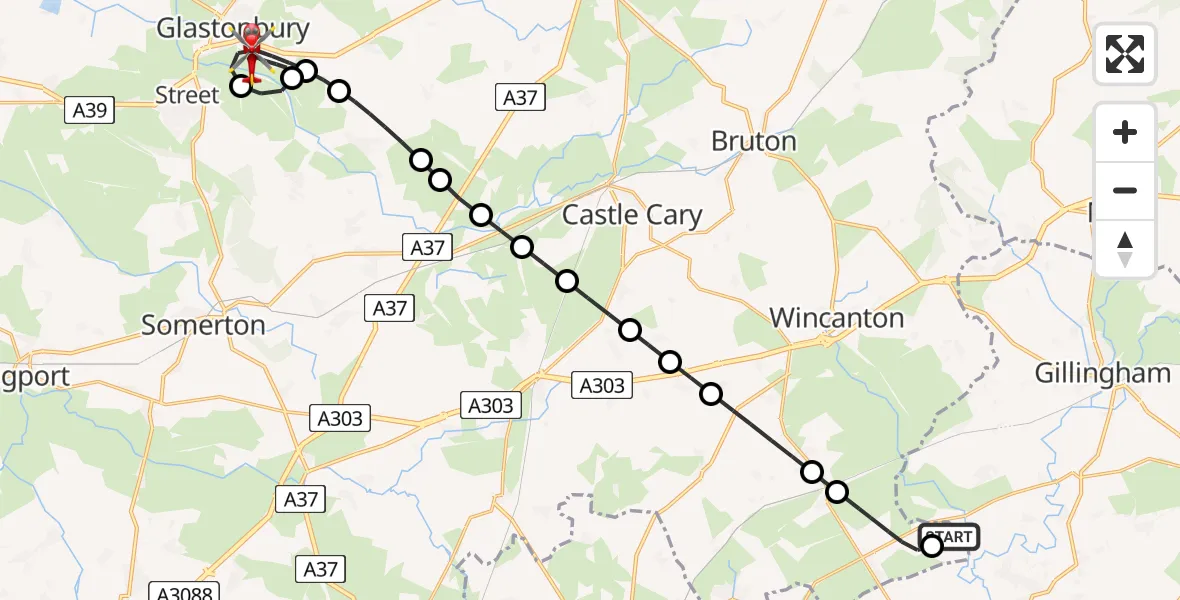 Flight path map showing Air Ambulance Helicopter route from Henstridge Airfield to Glastonbury