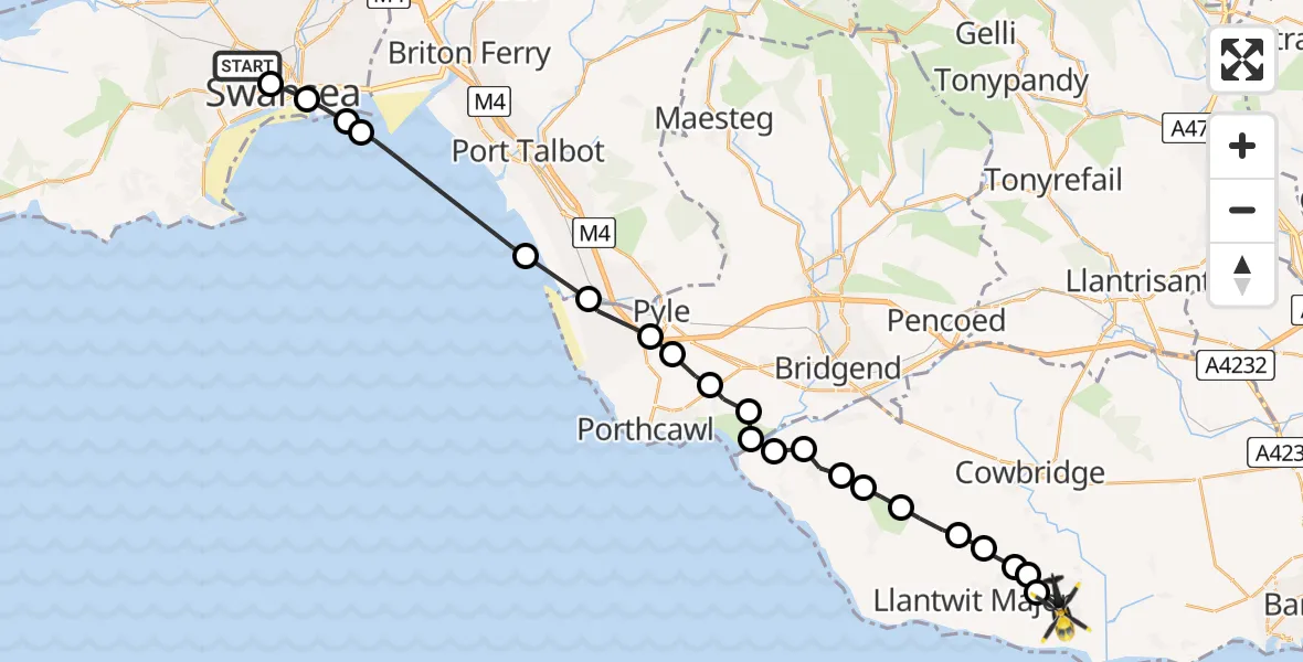 Flight path map showing Police Helicopter route from Mayhill to MOD St Athan