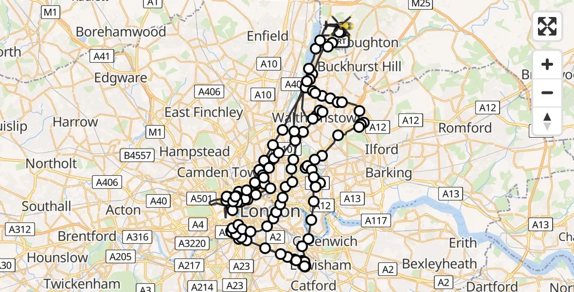 Flight path map showing Police Helicopter route from Sewardstonebury to Sewardstonebury