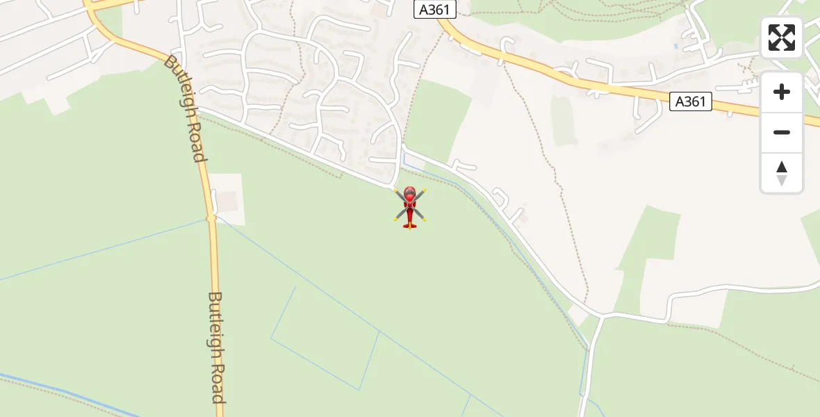 Flight path map showing Air Ambulance Helicopter route from Glastonbury to Glastonbury