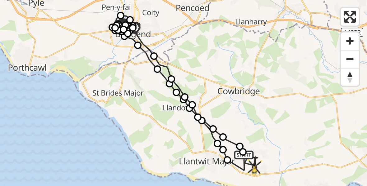 Flight path map showing Police Helicopter route from MOD St Athan to MOD St Athan