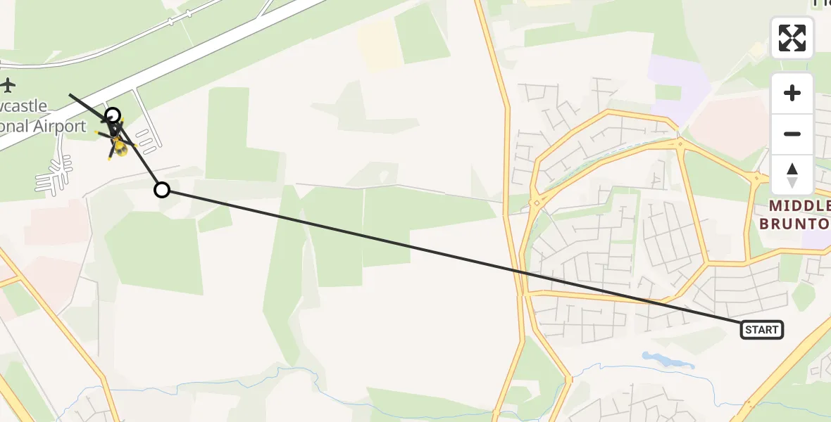 Flight path map showing Police Helicopter route from Middle Brunton to Newcastle International Airport