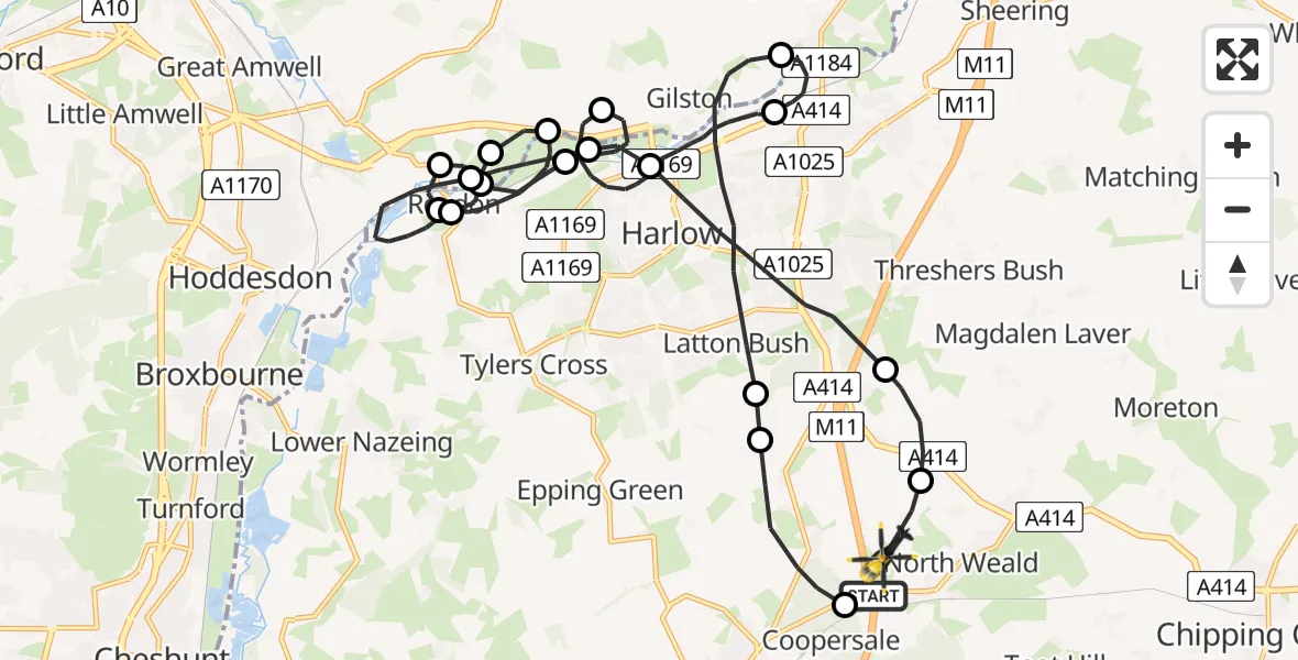 Flight path map showing Police Helicopter route from North Weald Airfield to North Weald Airfield