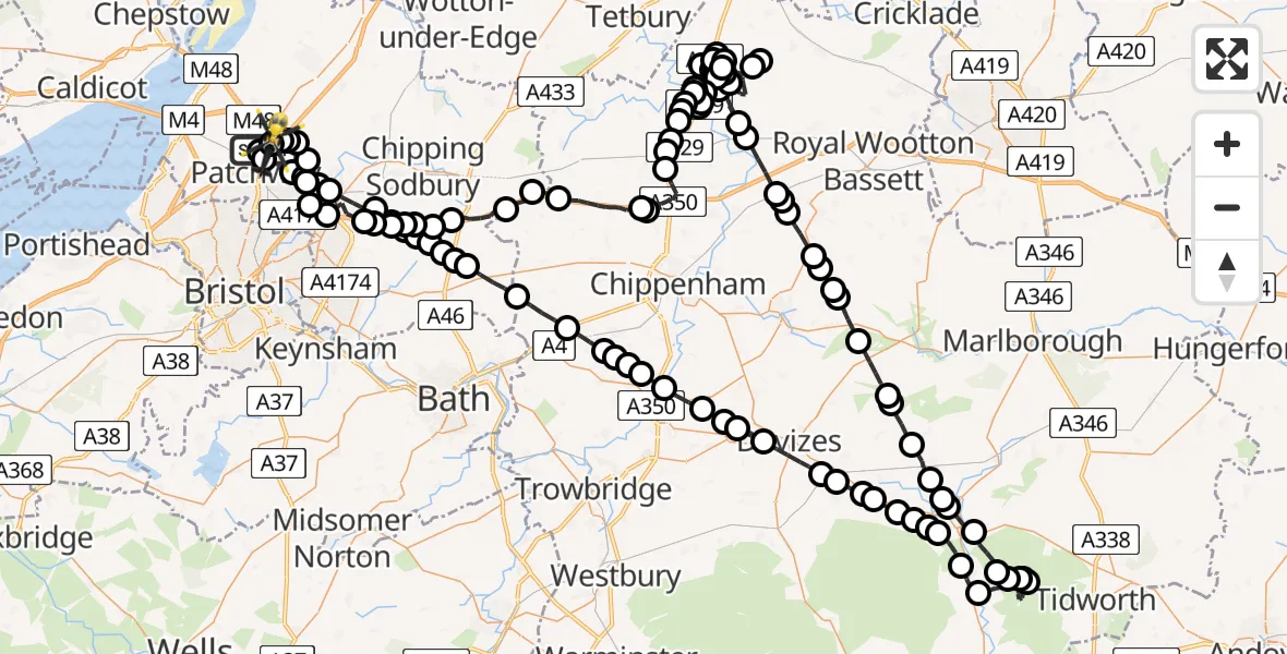 Flight path map showing Police Helicopter route from Almondsbury Helicopter Base to Almondsbury Helicopter Base