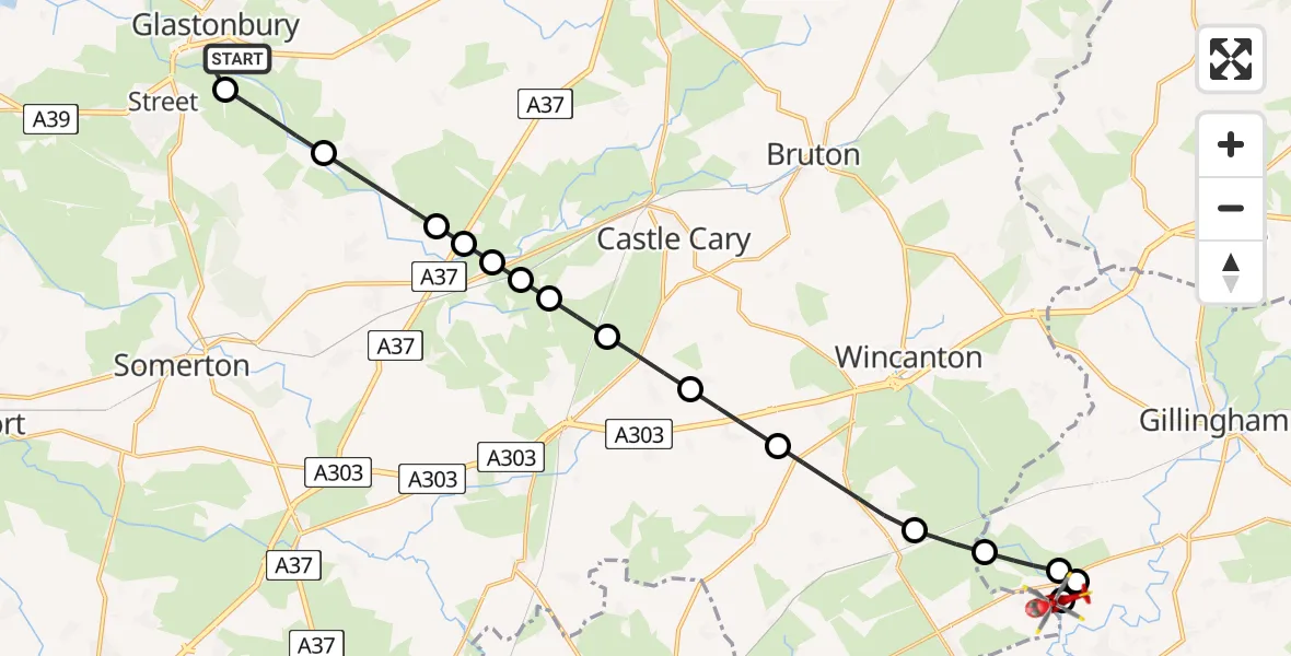 Flight path map showing Air Ambulance Helicopter route from Glastonbury to Fifehead Magdalen