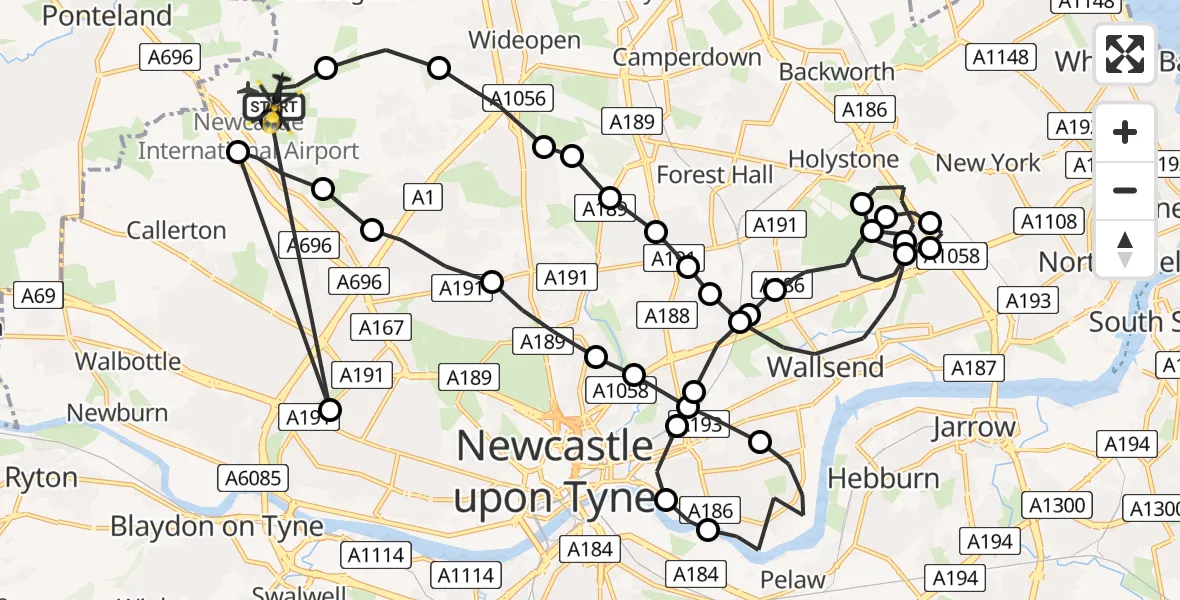 Flight path map showing Police Helicopter route from Newcastle International Airport to Newcastle International Airport