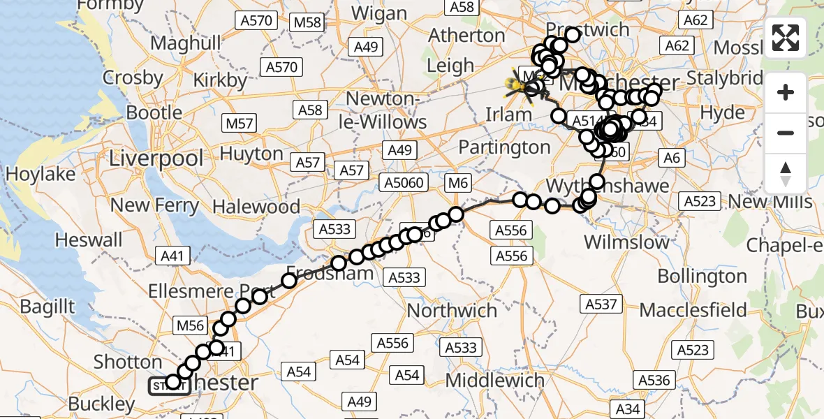 Flight path map showing Police Helicopter route from Hawarden Airport to Irlam