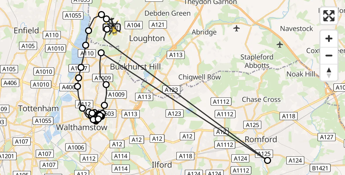 Flight path map showing Police Helicopter route from Metropolitan Police Air Support Unit Lippitts Hill to Metropolitan Police Air Support Unit Lippitts Hill