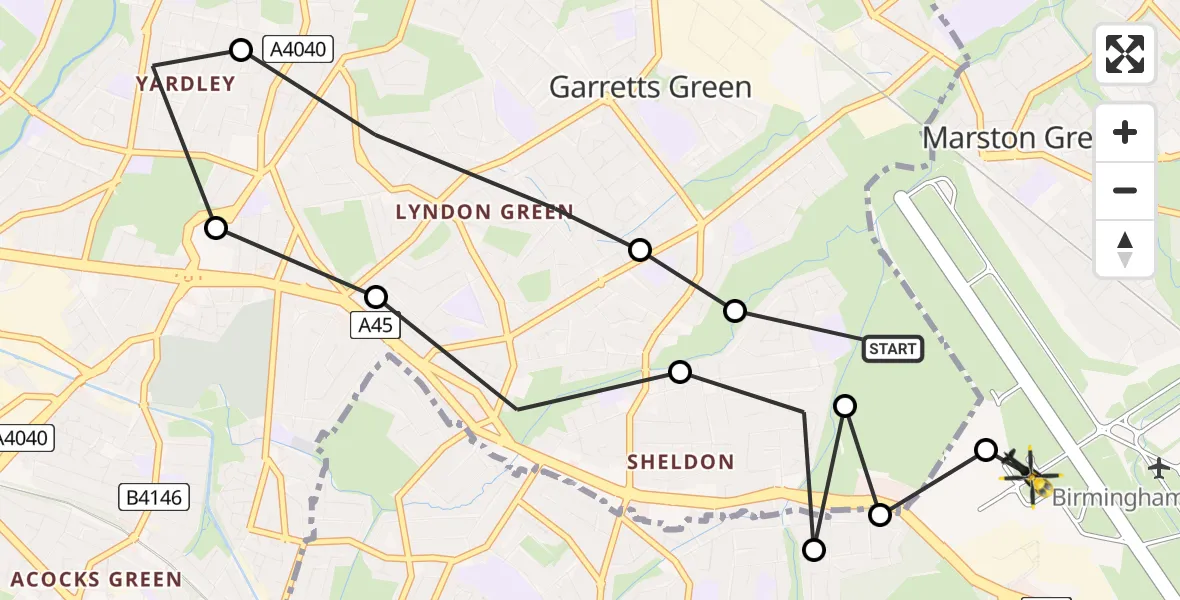 Flight path map showing Police Helicopter route from Birmingham Airport to Birmingham Airport