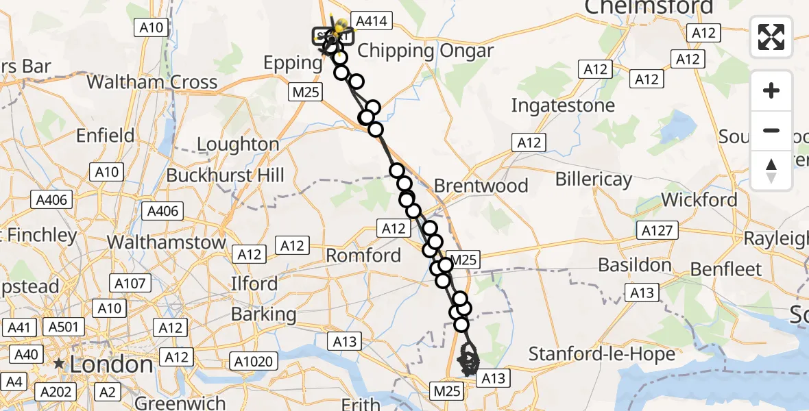 Flight path map showing Police Helicopter route from North Weald Airfield to North Weald Airfield