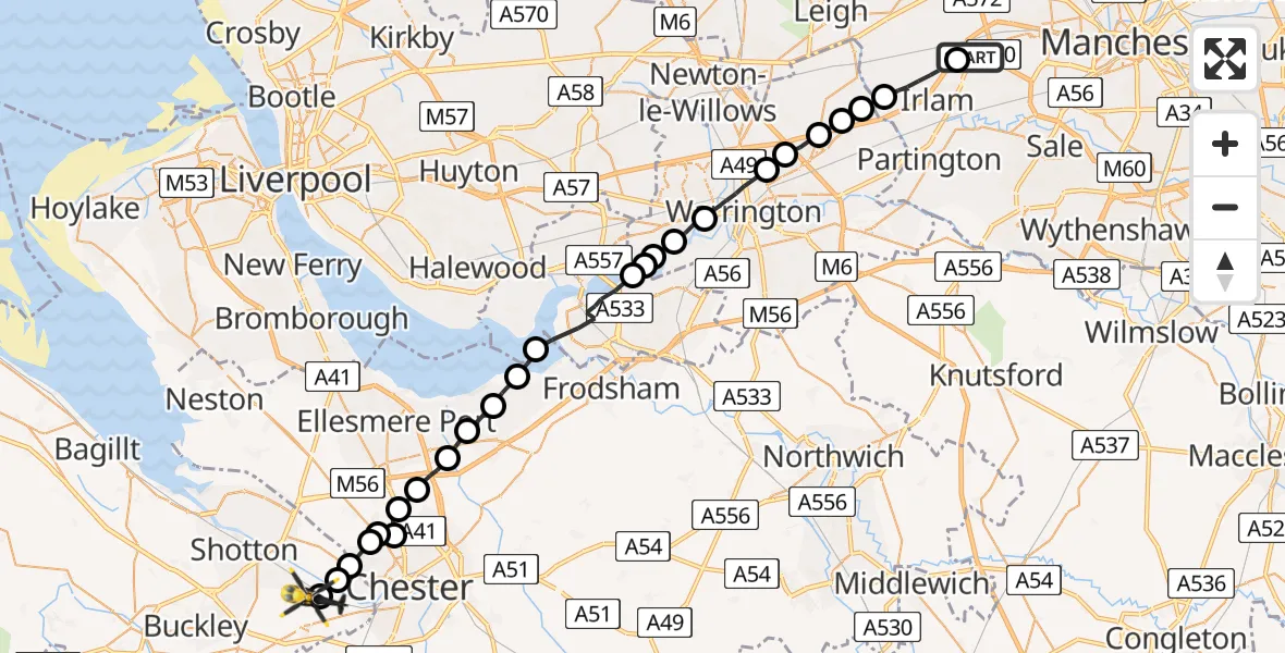 Flight path map showing Police Helicopter route from Manchester Barton Aerodrome to Hawarden Airport