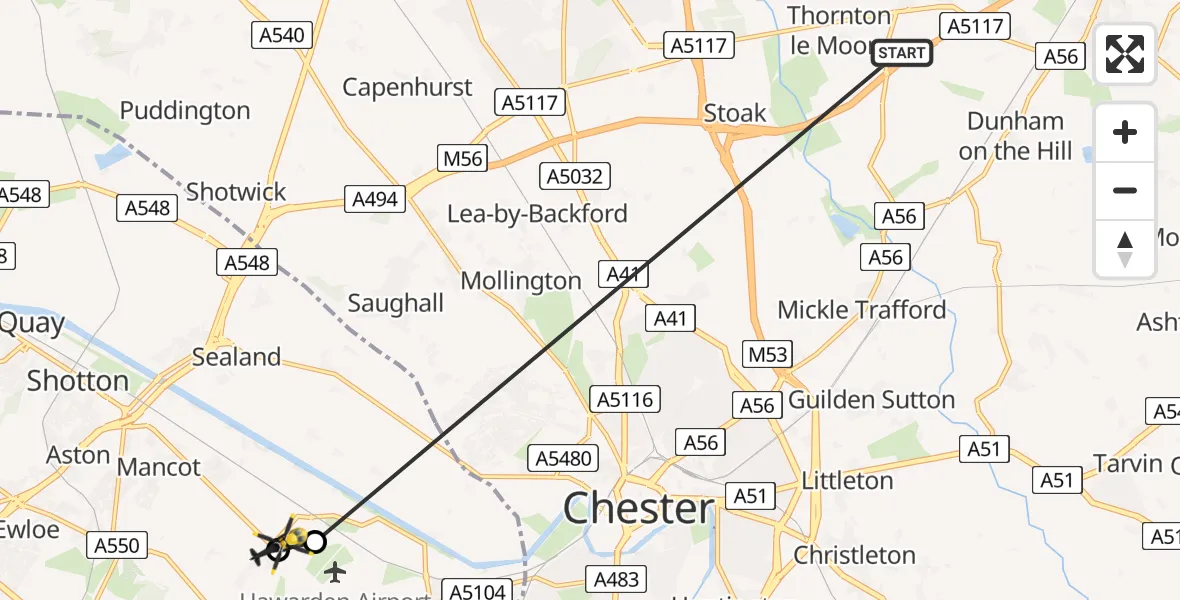 Flight path map showing Police Helicopter route from Elton to Broughton and Bretton