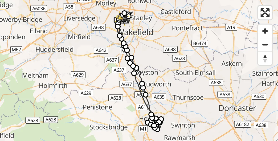 Flight path map showing Police Helicopter route from East Ardsley to Brandy Carr