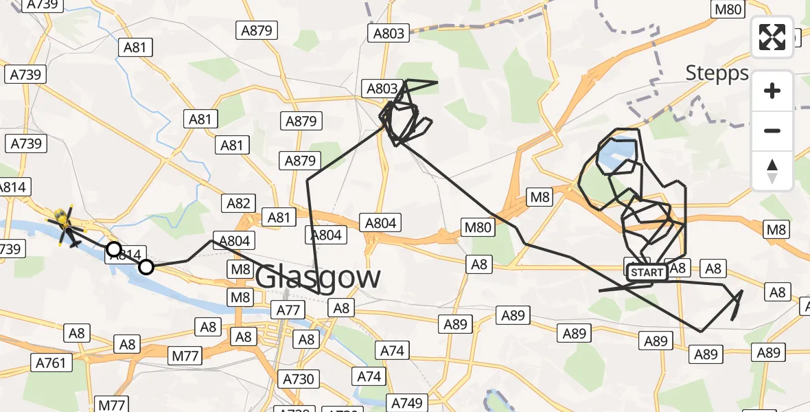 Flight path map showing Police Helicopter route from Glasgow to Glasgow