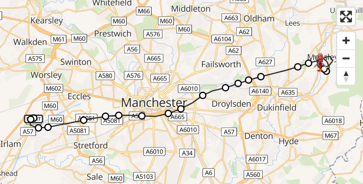 Flight route Air Ambulance Helicopter Manchester Barton Aerodrome - Mossley, 18 April 2026, 06:12