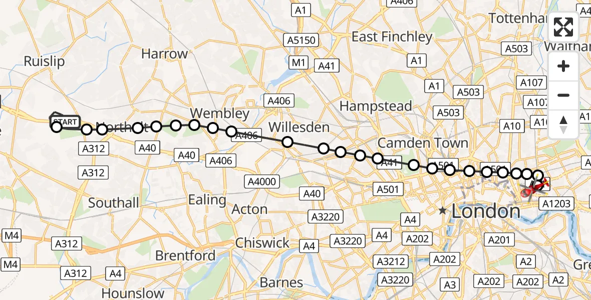 Flight path map showing Air Ambulance Helicopter route from RAF Northolt to Royal London Hospital