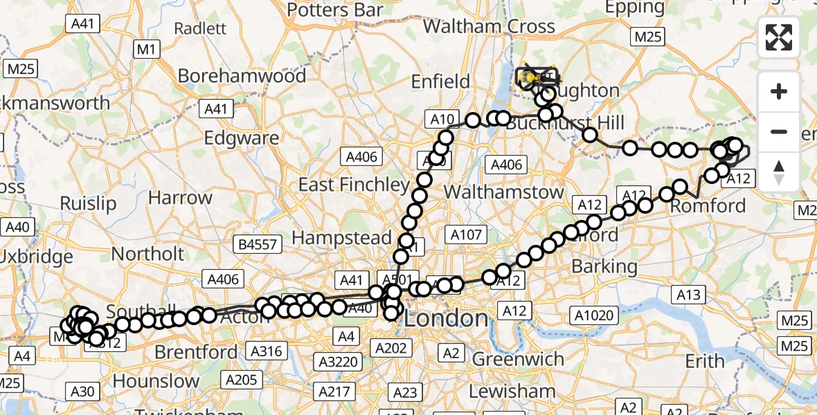 Flight path map showing Police Helicopter route from Metropolitan Police Air Support Unit Lippitts Hill to Metropolitan Police Air Support Unit Lippitts Hill