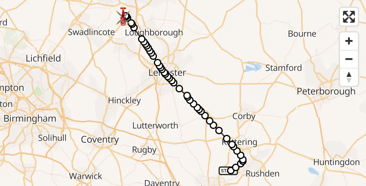 Flight path map showing Air Ambulance Helicopter route from Sywell Aerodrome to Castle Donington