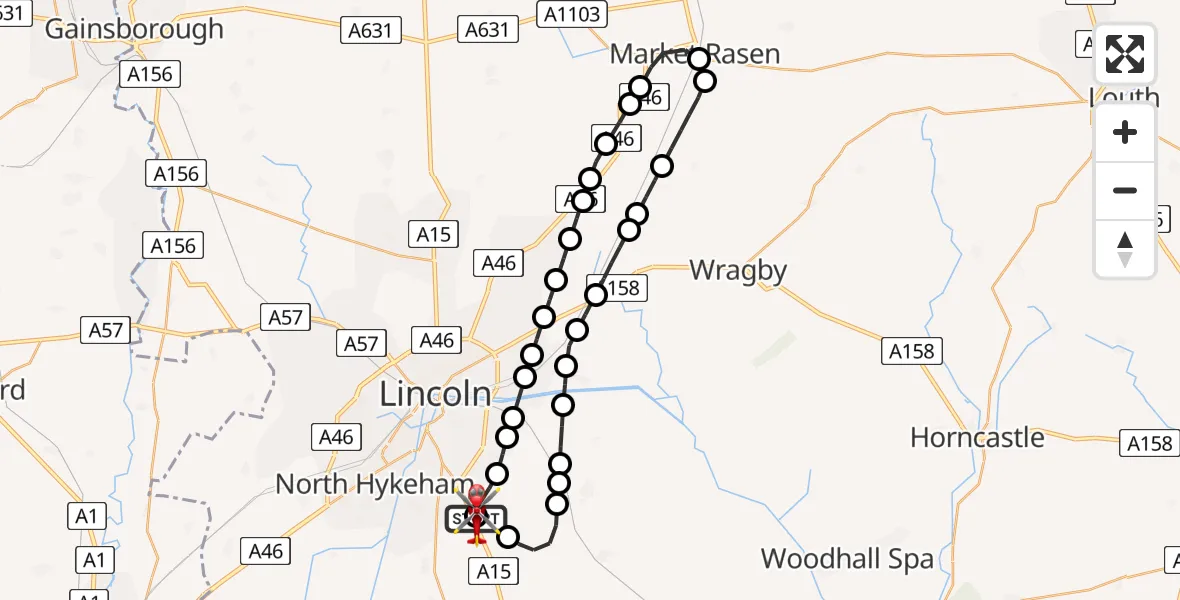 Flight path map showing Air Ambulance Helicopter route from RAF Waddington to North Kesteven