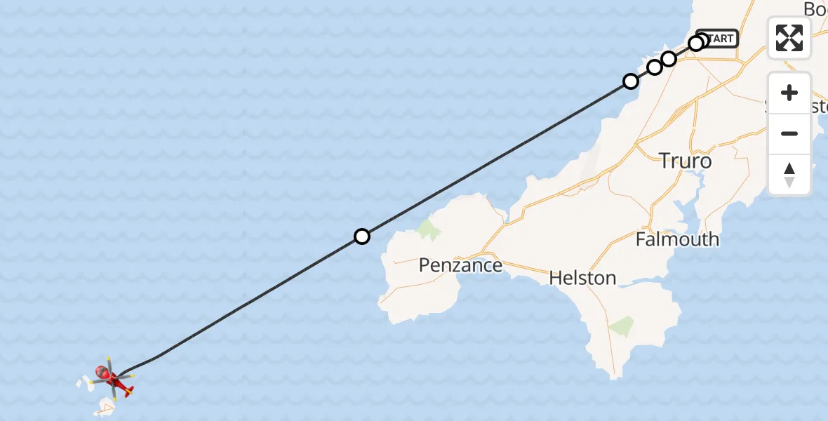 Flight path map showing Air Ambulance Helicopter route from Cornwall Airport Newquay to North Atlantic Ocean