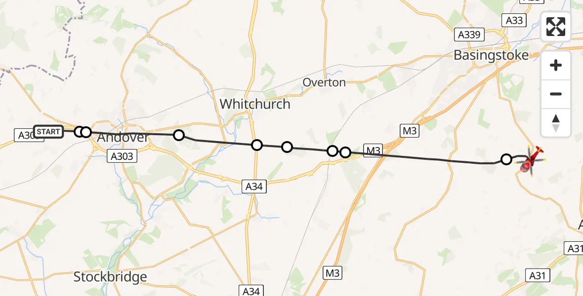 Flight path map showing Air Ambulance Helicopter route from Weyhill to Herriard