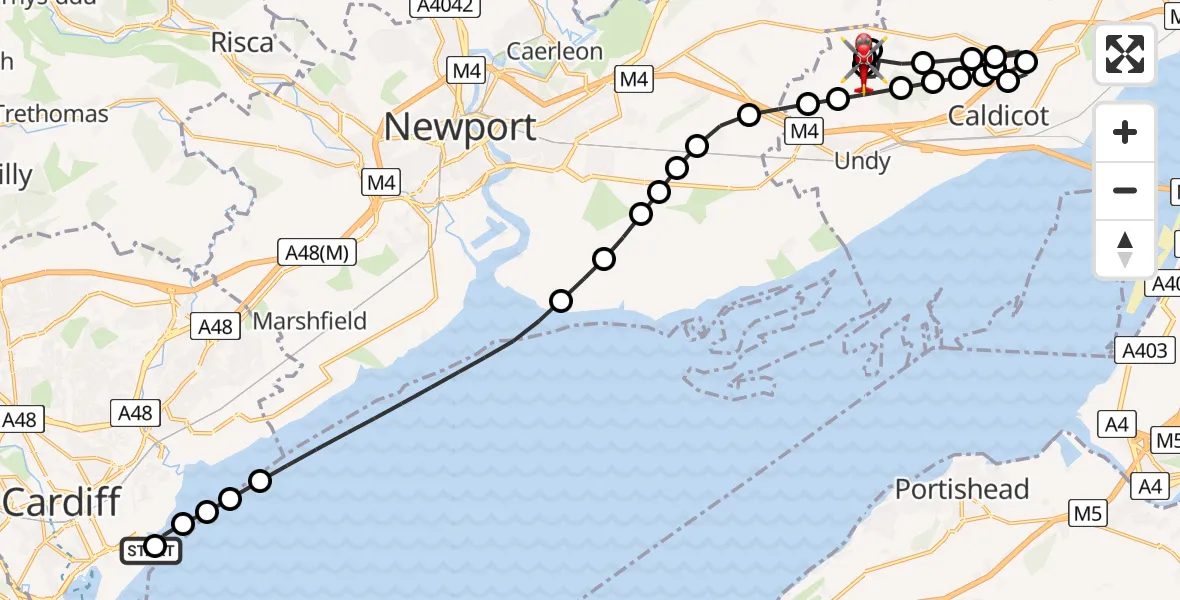 Flight path map showing Air Ambulance Helicopter route from Cardiff Heliport to Caldicot