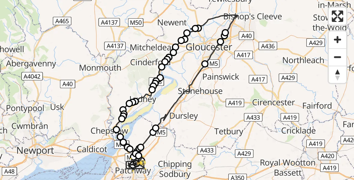 Flight path map showing Police Helicopter route from Almondsbury Helicopter Base to Almondsbury Helicopter Base