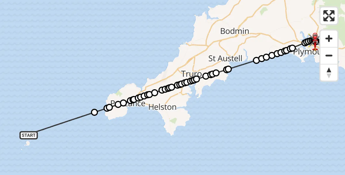 Flight path map showing Air Ambulance Helicopter route from North Atlantic Ocean to Derriford Hospital