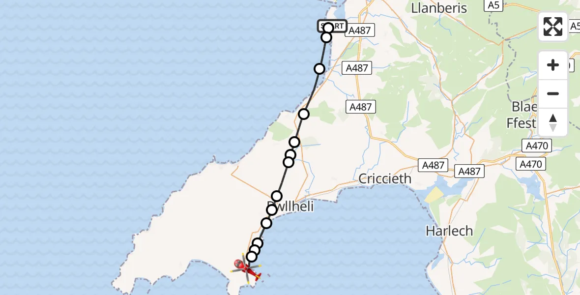 Flight path map showing Air Ambulance Helicopter route from Caernarfon Airport to Abersoch