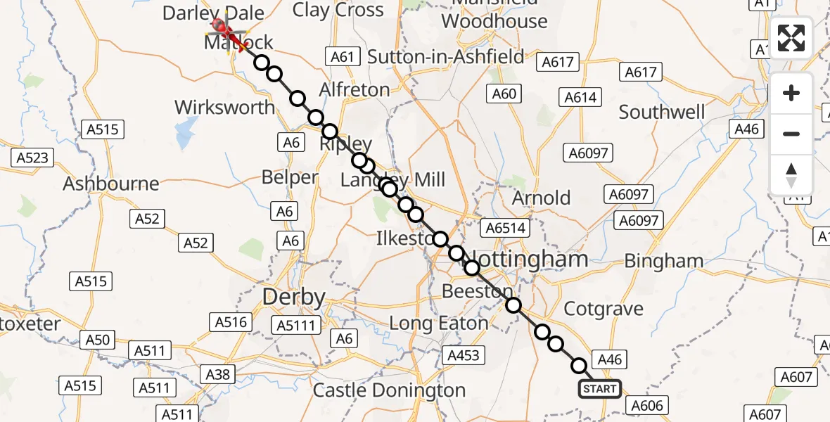 Flight path map showing Air Ambulance Helicopter route from Widmerpool to Matlock