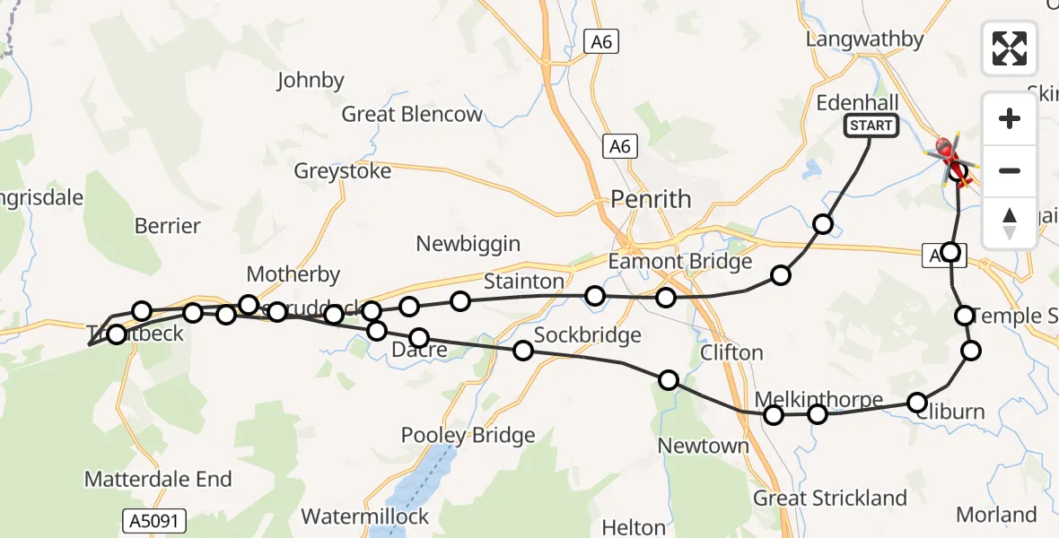 Flight path map showing Air Ambulance Helicopter route from Edenhall to Culgaith