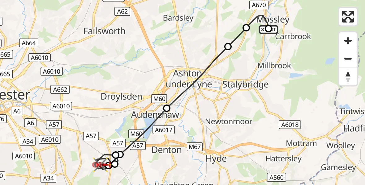 Flight path map showing Air Ambulance Helicopter route from Mossley to Stockport