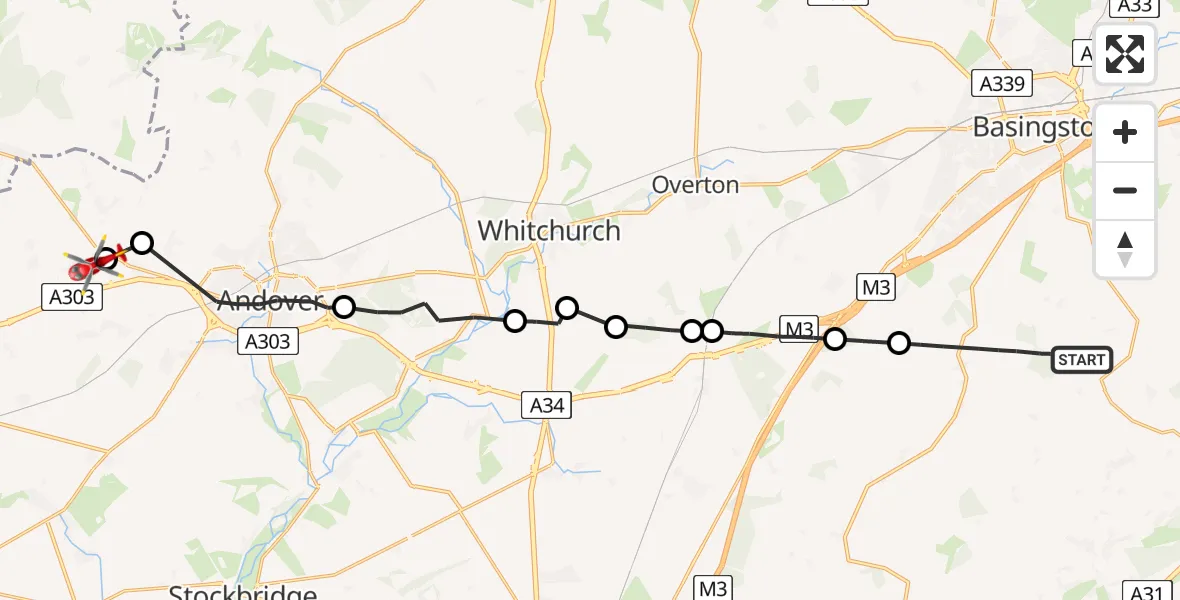Flight path map showing Air Ambulance Helicopter route from Basingstoke and Deane to Fyfield