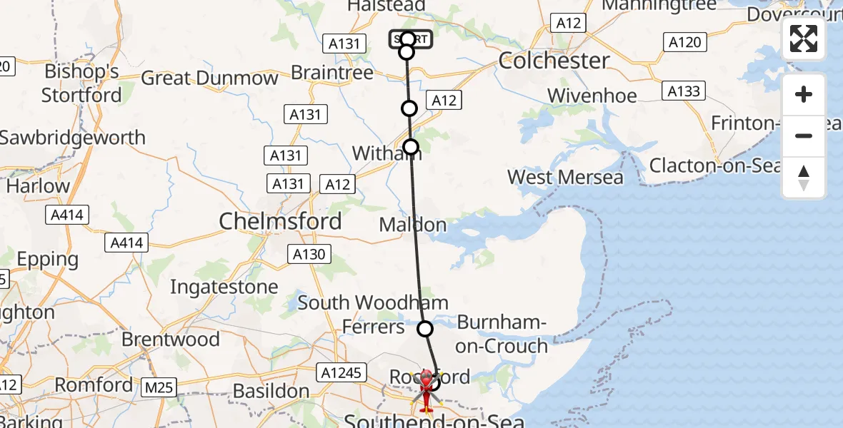 Flight path map showing Air Ambulance Helicopter route from Earls Colne Airfield to London Southend Airport