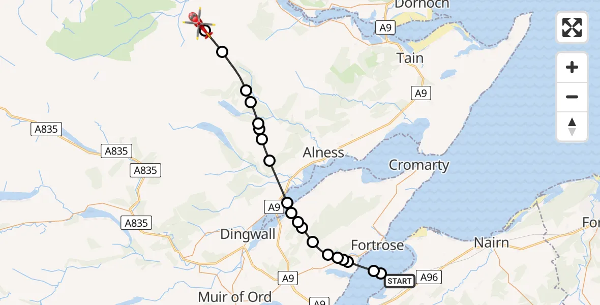 Flight path map showing Air Ambulance Helicopter route from Inverness to Salachie