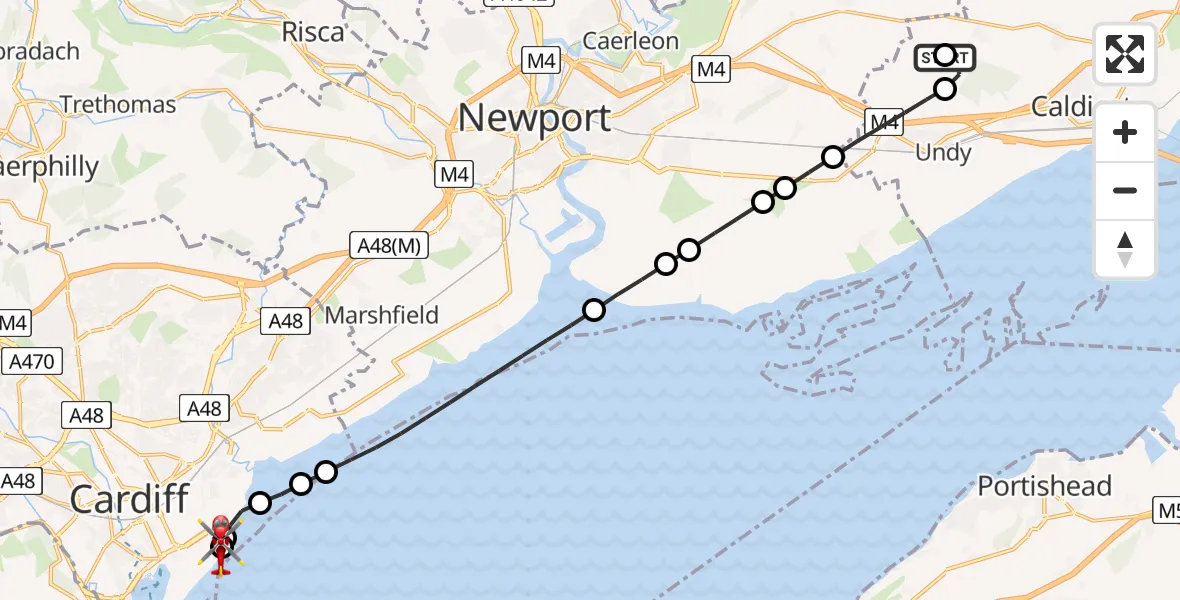 Flight path map showing Air Ambulance Helicopter route from Magor to Cardiff Heliport