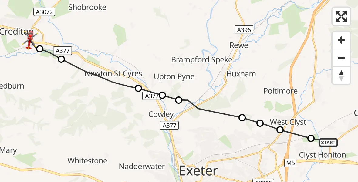 Flight path map showing Air Ambulance Helicopter route from Clyst Honiton to Crediton