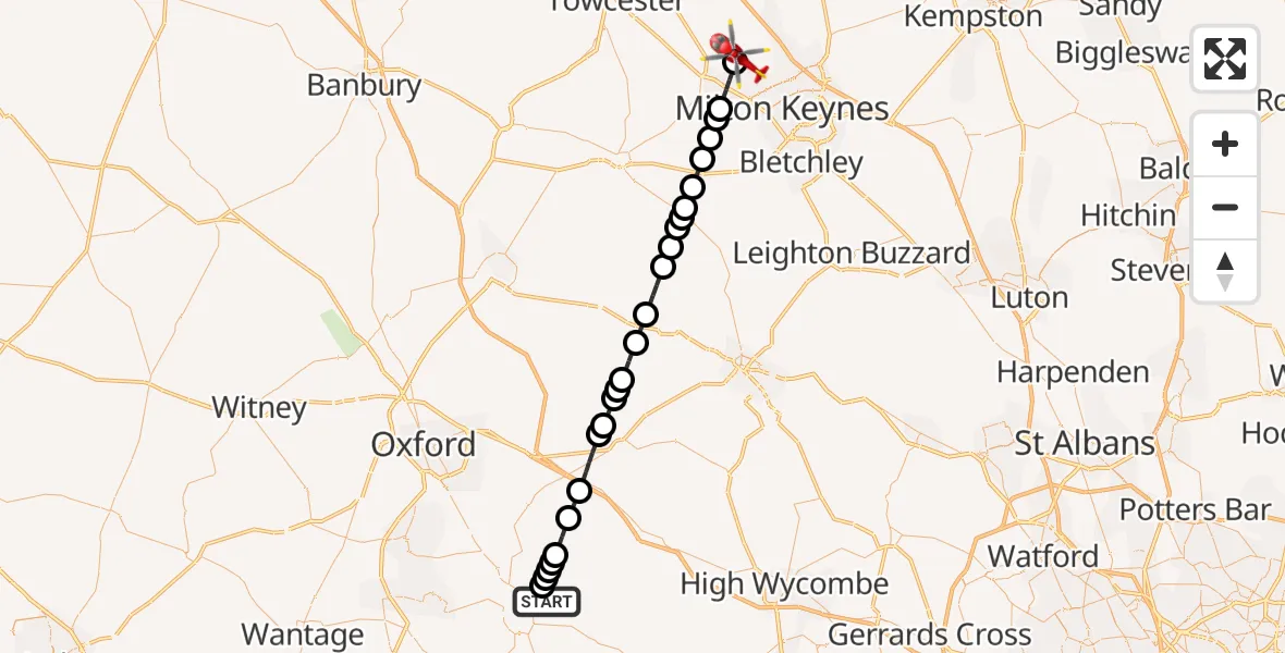 Flight path map showing Air Ambulance Helicopter route from RAF Benson to Castlethorpe