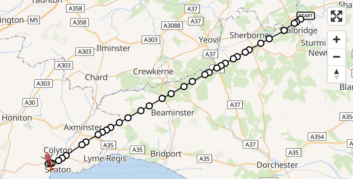 Flight path map showing Air Ambulance Helicopter route from Henstridge Airfield to Colyford