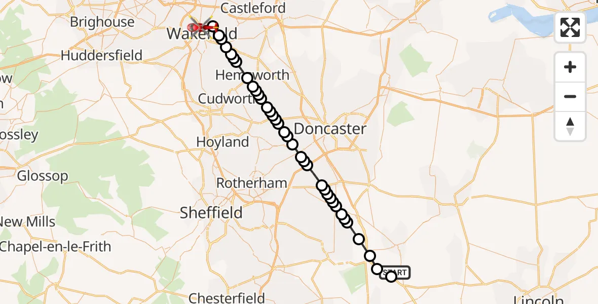 Flight path map showing Air Ambulance Helicopter route from Retford Gamston Airport to Stanley