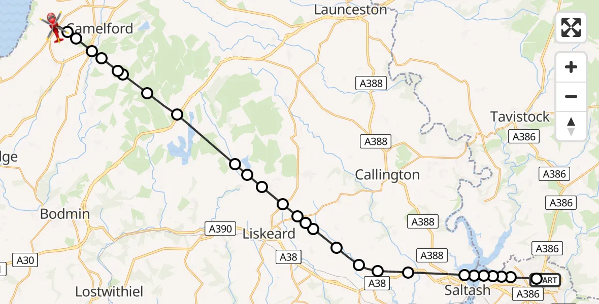 Flight path map showing Air Ambulance Helicopter route from Derriford Hospital to Delabole