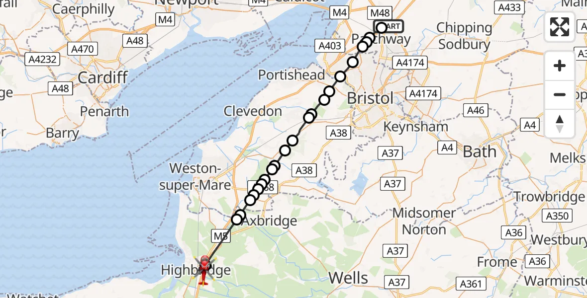 Flight path map showing Air Ambulance Helicopter route from Almondsbury Helicopter Base to Highbridge